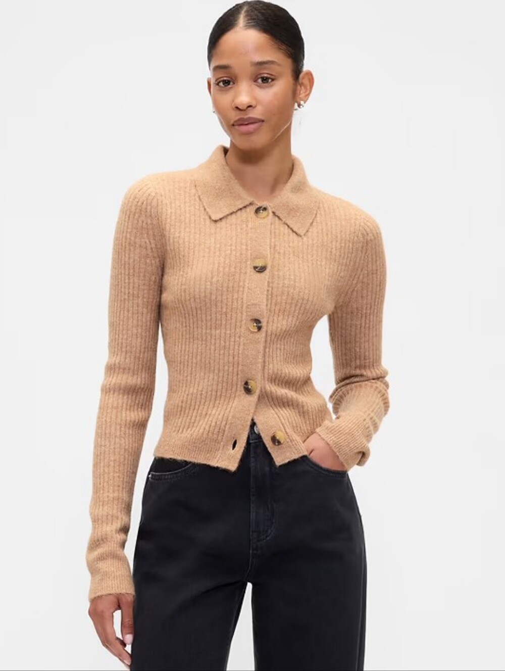 NWT - GAP Light Camel Fitted Cropped Collared Cardigan Super Cuddly - Size XL